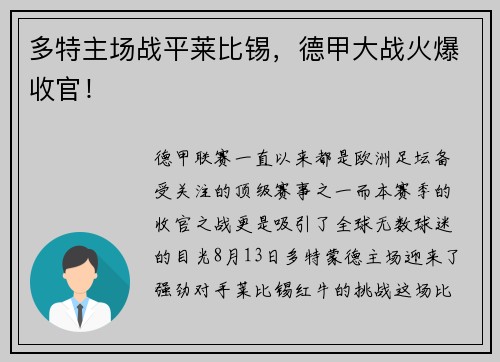 多特主场战平莱比锡，德甲大战火爆收官！